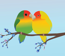 

Two very cute Rosy-faced lovebirds in the shape of an egg. One is a green color variation and the other is yellow. Cuddling close together. Soft blue gradient background. 