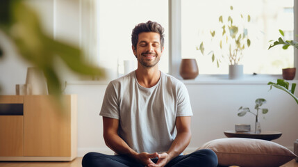 Portrait of a Happy Man Practicing Relaxation Exercises at Home in His Spacious and Bright Flat