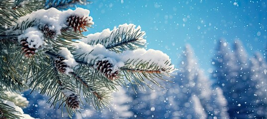 Snowy Christmas winter holiday festivity card . Closeup of pine branch adorned with pinecones and...