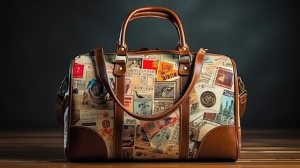 Retro bag of a traveler with travel stickers