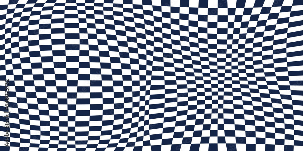 Poster Checkered seamless fabric. A curved and slightly convex canvas, a vector of checkerboard cells. Blue andwhite colors.