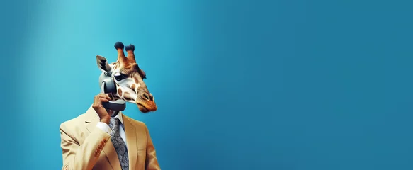 Foto op Canvas giraffe with phone over blue background, panoramic layout. Generative Ai © Alexandra