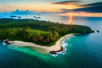 Tropical Island Aerial View. Wild coastline lush exotic green jungle. Red Frog Beach in Bastimentos Island, Bocas del Toro, Central America, Panama