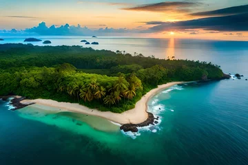 Fototapeten Tropical Island Aerial View. Wild coastline lush exotic green jungle. Red Frog Beach in Bastimentos Island, Bocas del Toro, Central America, Panama © Hasnain Arts