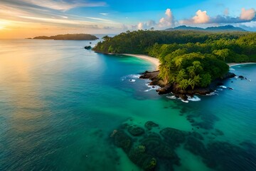 view of the sea from the top of the mountain, Tropical Island Aerial View. Wild coastline lush exotic green jungle. Red Frog Beach in Bastimentos Island, Bocas del Toro, Central America, Panama - obrazy, fototapety, plakaty