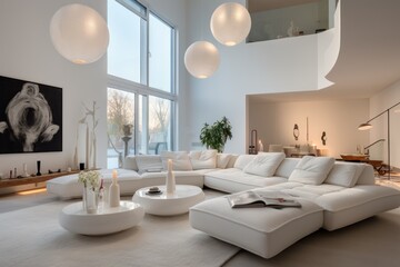 The interior of the white living room is decorated in a modern home style with contemporary furniture