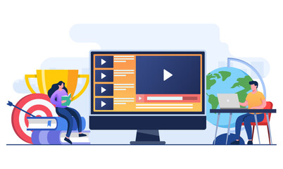 Online education concept flat illustration vector template, Distance education, Seminars and webinar, Online classes on monitor screen,  Online courses and tutorials concept, e-learning