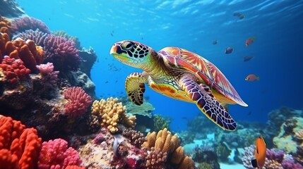 Fototapeta na wymiar Ruddy ocean jumping huge ocean turtle sitting on colorful coral reef