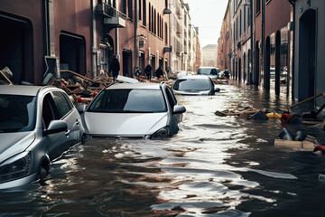 Floating cars in the water during flooding in an european village, with washed out street