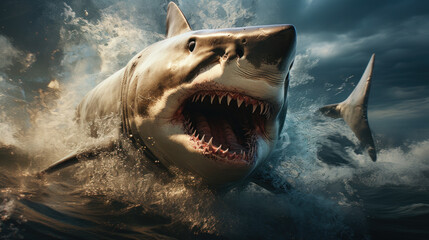 Great white shark attack with mouth open jaws
