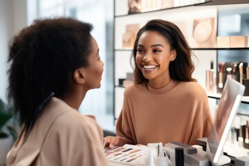Beauty customer talking to cosmetician to consulting for test the cosmetic makeup in the department store booth.