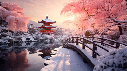Fototapeta premium the serene beauty of Kyoto's winter landscape, showing temples, gardens or traditional wooden houses covered in snow. Sensation of tranquility and inspiring charm 