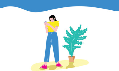 Digital Connection: Colorful Illustration of a Girl and Her Smartphone