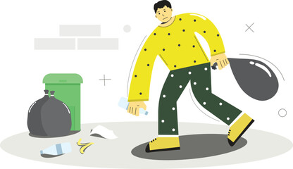Green Guardian: Illustration of a Flat Character Cleaning up Garbage