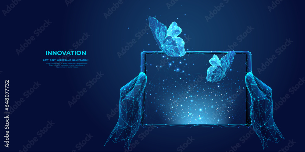 Aufkleber digital blue butterflies fly off the screen of the device. abstract close-up hands holding tablet. i
