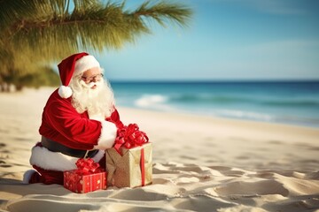 Obraz premium Christmas Santa Claus with gift on the beach