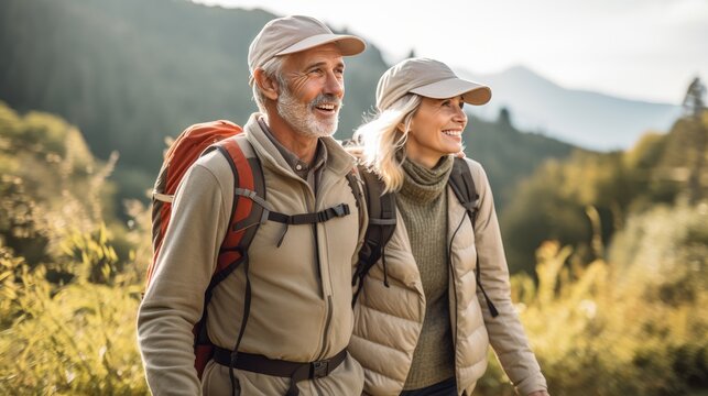 Senior traveler couple voyagers climbing in nature strolling and talking