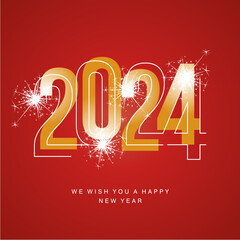 Happy New Year 2024 line and bold light orange yellow shining typography with sparkle firework on red isolated background icon logo