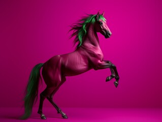 A magenta horse stands on its hind legs with a green mane, against a magenta background.