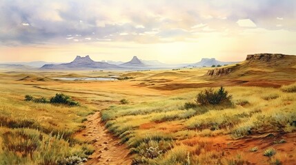 Beautiful watercolor of the great prairies of the American West.