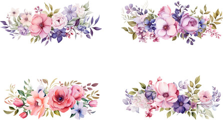 Obraz premium Set of beautiful watercolor flower bouquets, flower arrangements or summer flower bouquets. Can be used for invitations, greetings, and wedding cards