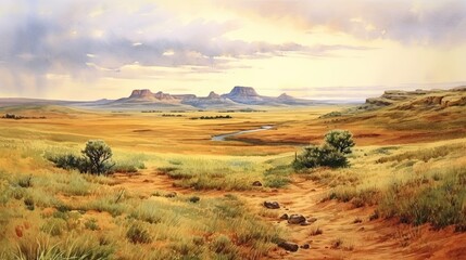 Beautiful watercolor of the great prairies of the American West.