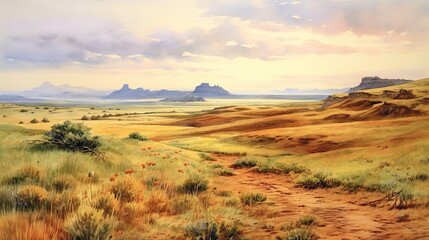 Beautiful watercolor of the great prairies of the American West.
