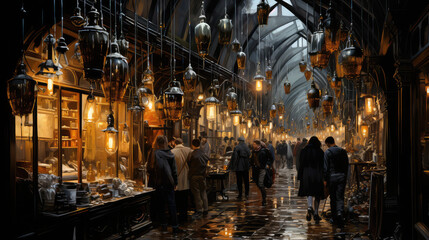 Whimsical Alleys: Fantasy Old Street Market as Dreamt by Generative AI - obrazy, fototapety, plakaty