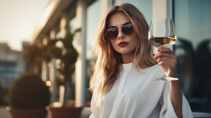 Smart lady in shades with a glass of wine outside Rich female drinking wine looking at camera Huge duplicate space in foundation