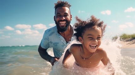 Solid father and girl playing together at the shoreline carefree upbeat fun grinning way of life