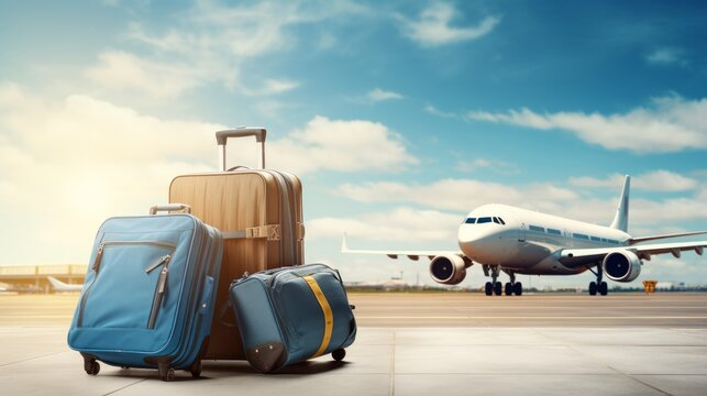 Stack of traveling gear in air terminal terminal and traveler plane flying over sky