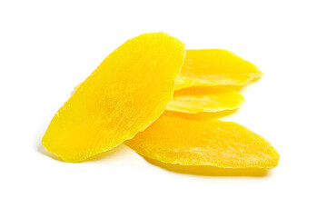 Dehydrated mango slices isolated on white background. Dry candied mango fruit chips