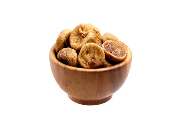 Dried figs in wooden bowl isolated on white. Sweet dried fruits, halved fig