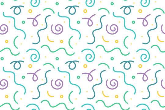 Colorful squiggle fun party seamless pattern. Cute bright elements. doodle background illustration of birthday celebration decoration and childish creative abstract scribbles