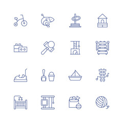 Toys line icon set on transparent background with editable stroke. Containing bicycle, blocks, car, crib, fish, kindama, pail, playground, ring toss, scratcher, toy boat, toys, wood house, xylophone.