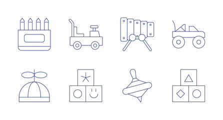 Toys icons. editable stroke. Containing car toy, cubes, pencil, propeller, toy car, toys, xylophone, yule.