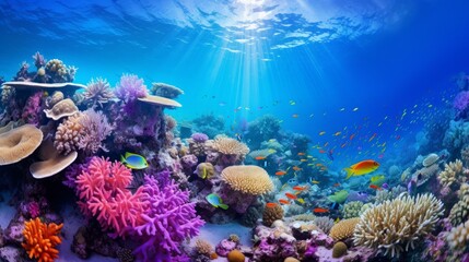 Naklejka na ściany i meble Submerged coral reef scene 16to9 foundation within the profound blue sea with colorful angle and marine life