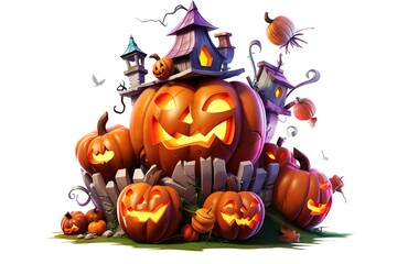 Halloween pumpkin and dark castle on white background. Halloween pumpkin