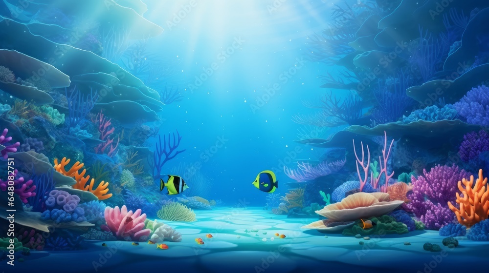 Wall mural Submerged coral reef scene foundation within the profound blue sea with colorful angle and marine life