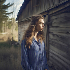Fototapeta premium a girl with flowing hair stands near a wooden house in the forest