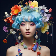 Beautiful girl with flowers and butterflies in blue hair. Portrait.