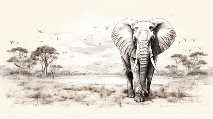  a drawing of an elephant in a field with trees and birds.  generative ai