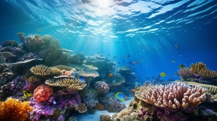 Naklejka na ściany i meble Submerged coral reef scene foundation within the profound blue sea with colorful angle and marine life