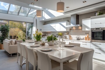 The interior of the white kitchen room is decorated in a modern home style with contemporary furniture.