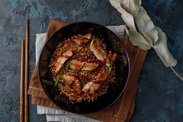 Asian fried wok rice with grilled pork - 648085501