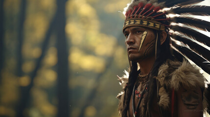Forest Spirit: A Native American Indian Adorned with a Tribal Headdress, Channeling Ancestral Echoes Amidst Nature's Embrace.