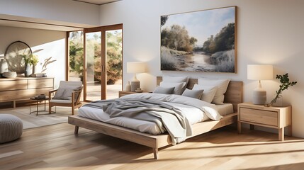 A modern bedroom featuring Scandinavian interior design, complete with a large art poster frame on the wall.
