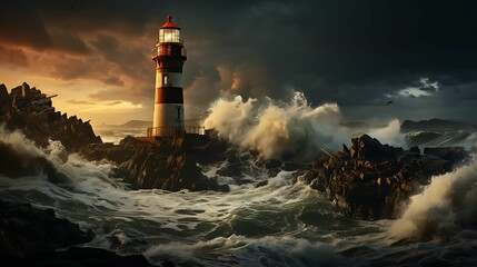 A majestic lighthouse on an imposing rock, bravely resisting the forces of the sea that incessantly crash against it.