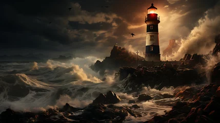 Foto op Canvas A majestic lighthouse on an imposing rock, bravely resisting the forces of the sea that incessantly crash against it. © Pedro Areias