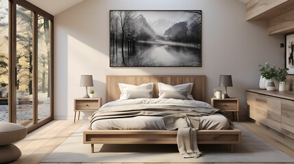A modern bedroom featuring Scandinavian interior design, complete with a large art poster frame on the wall.